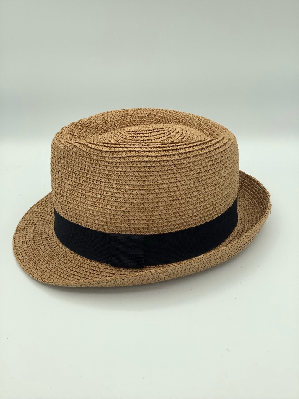 Woven Straw Pork Pie Hat with Black Band - Tan